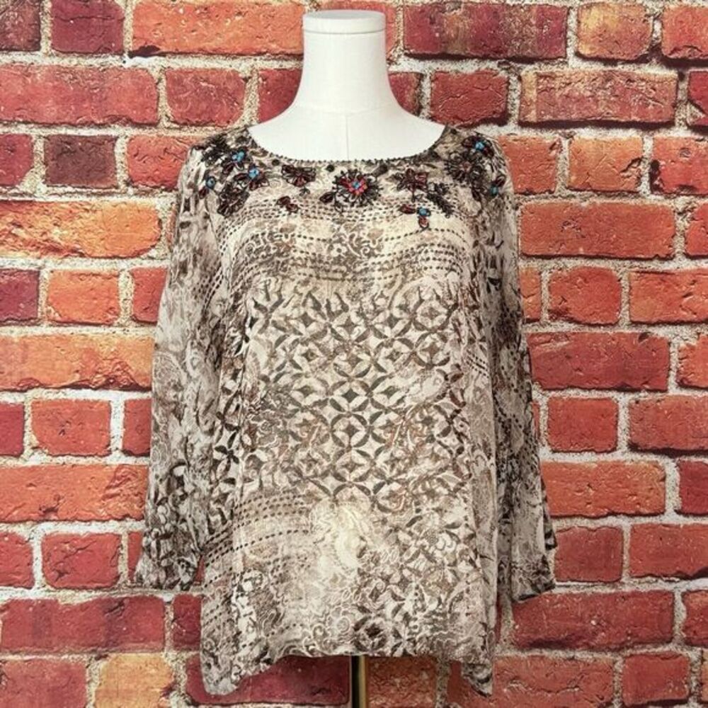 Chico's 100% Silk Brown Aztec Sheer Beaded 3/4 Sleeve Blouse Size 2 (US Large)